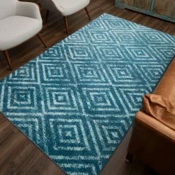 New 👍 Mohawk Home Teal Geometric Distressed Diamond Area Rug ❤️